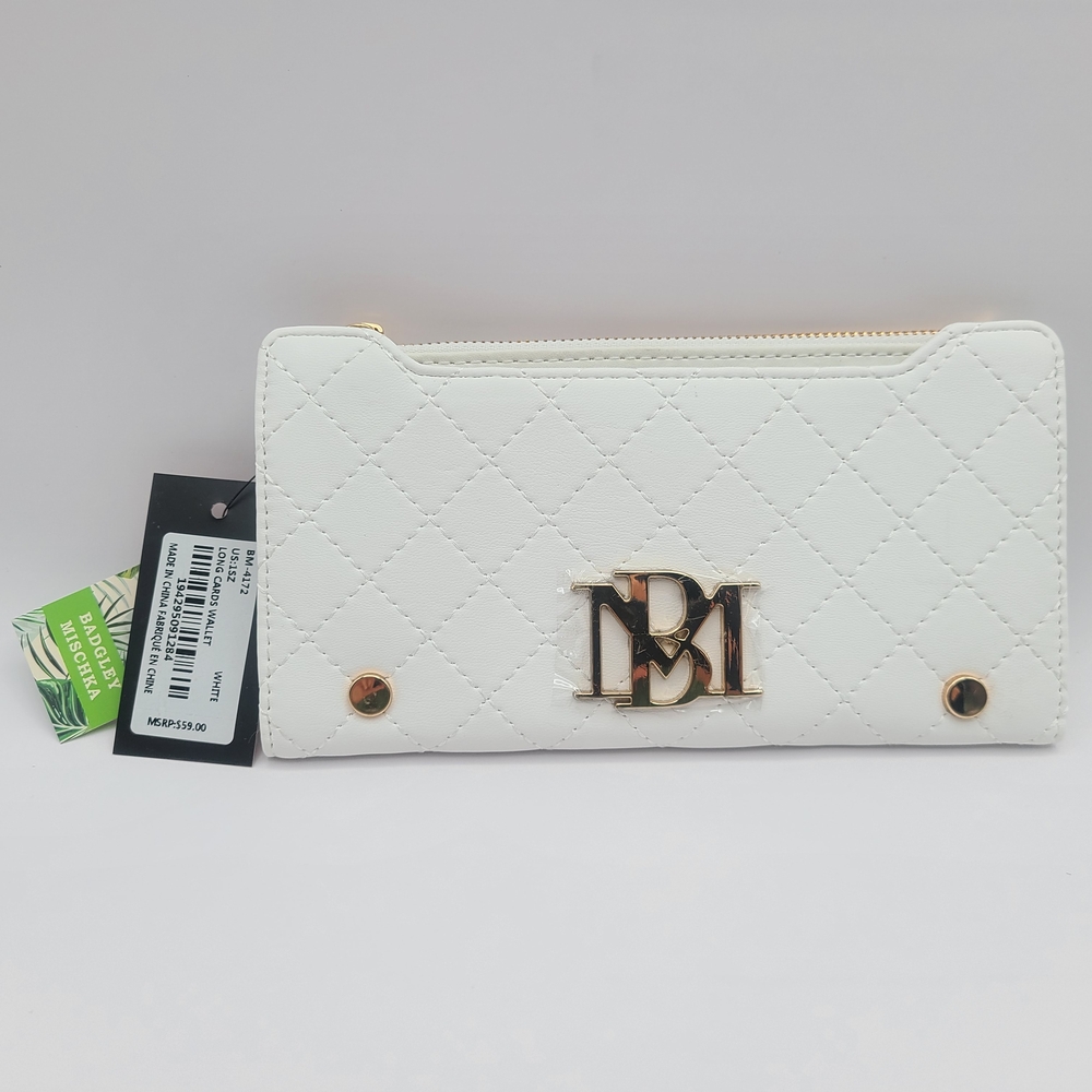 Badgley Mischka White Quilted Long Cardholder Wallet Women's Bag Snap Zip BNWT